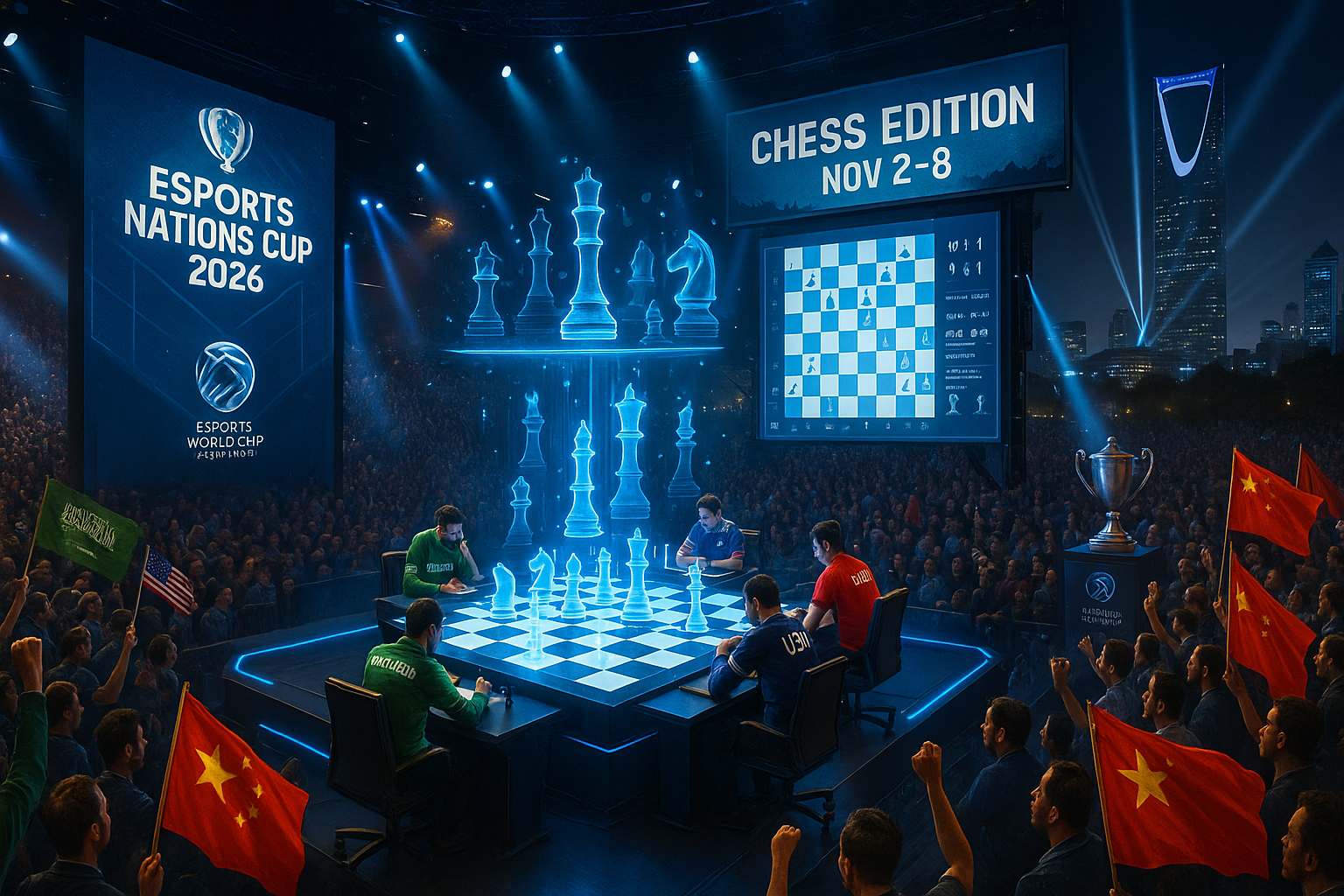 Dynamic illustration of a nation-based chess tournament in Riyadh's esports arena for the Esports Nations Cup 2026.
