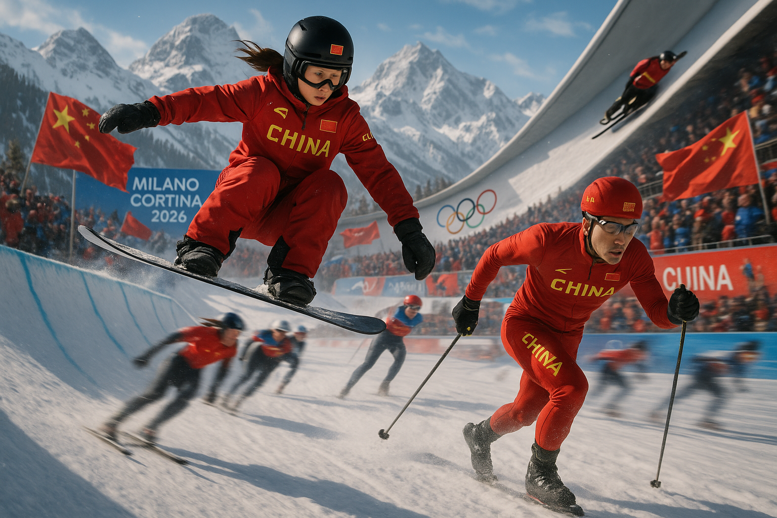 Chinese athletes Li Minglin and Liu Hanbin in action across snowboarding, cross-country skiing, speed skating, and luge at the Milano Cortina 2026 Winter Olympics.