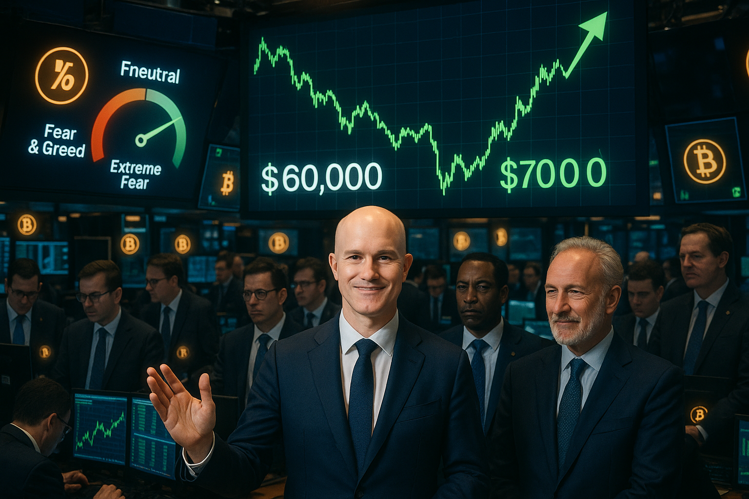 Illustration depicting Bitcoin's price rebound to $70,000 after volatility, with mixed trader reactions on a crypto trading floor.