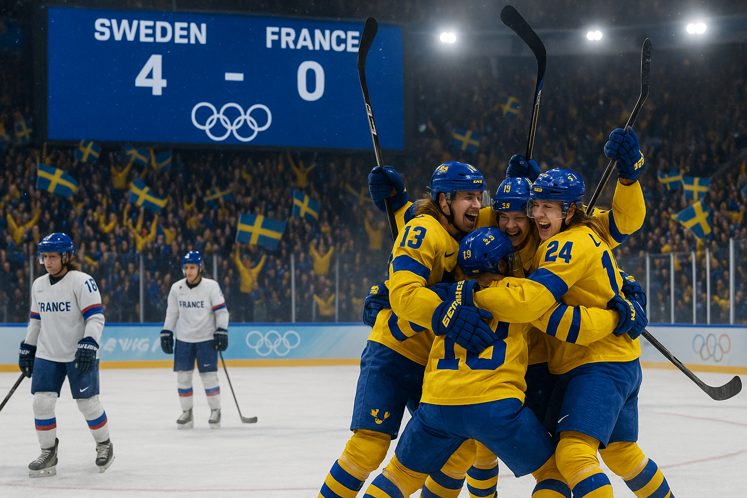 Swedish Damkronorna celebrate 4-0 Olympic ice hockey win over France, advancing to quarterfinals.