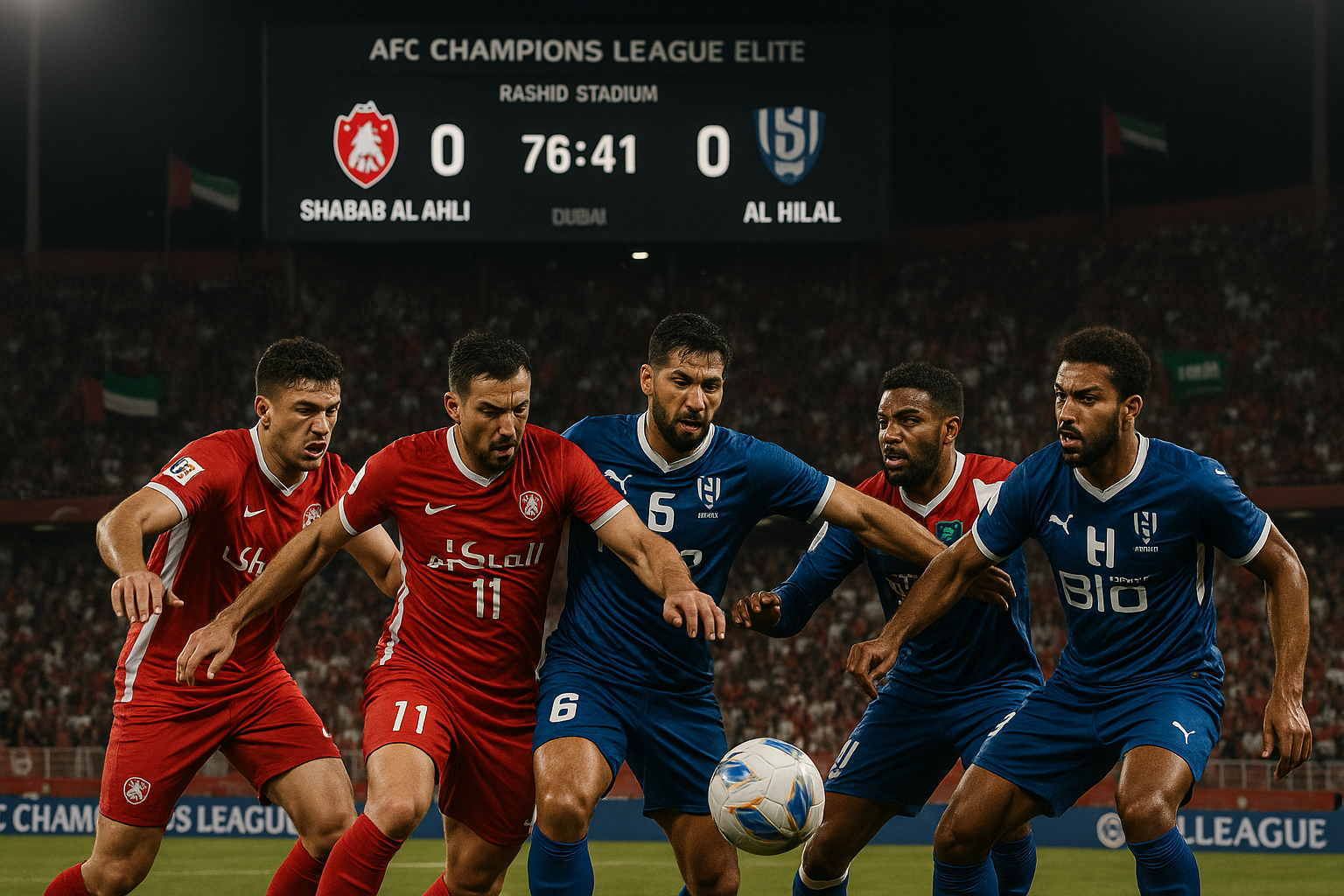 Dramatic illustration of Shabab Al Ahli's 0-0 draw against Al Hilal in AFC Champions League Elite at Rashid Stadium, Dubai.
