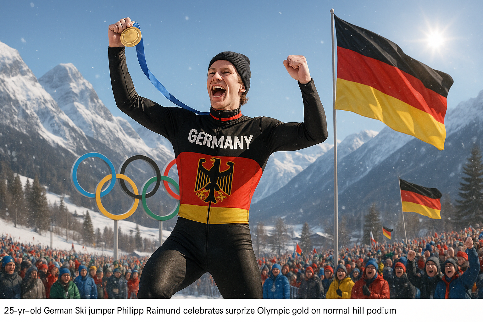 Philipp Raimund, German ski jumper, joyfully claims surprise Olympic gold medal on podium amid snowy mountains.