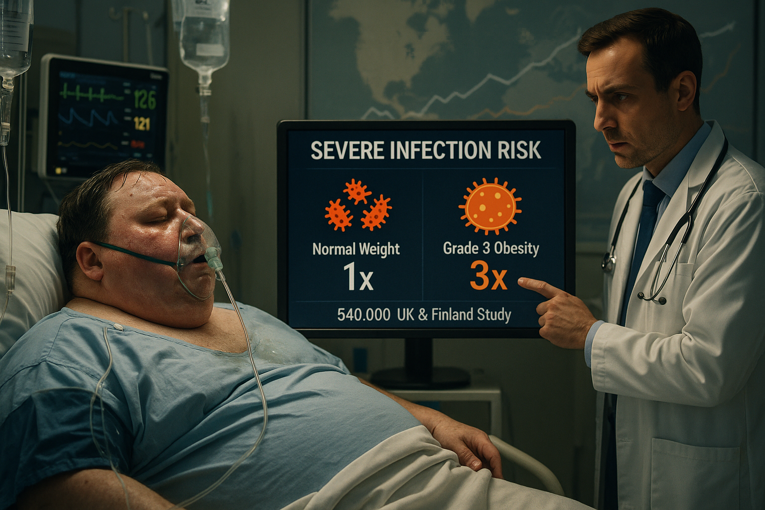 Realistic illustration of a severely obese patient in ICU highlighting tripled risk of severe infections per new study, with risk comparison chart.
