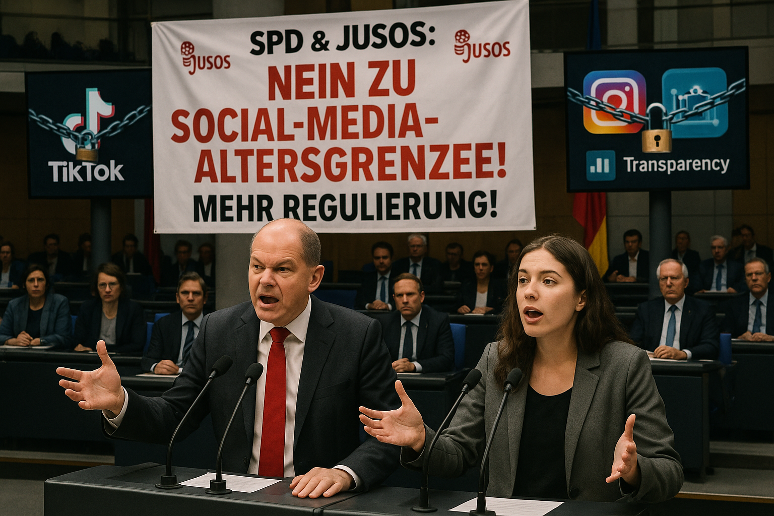 SPD and Juso politicians debating against social media age limits, advocating for platform regulation in the Bundestag.