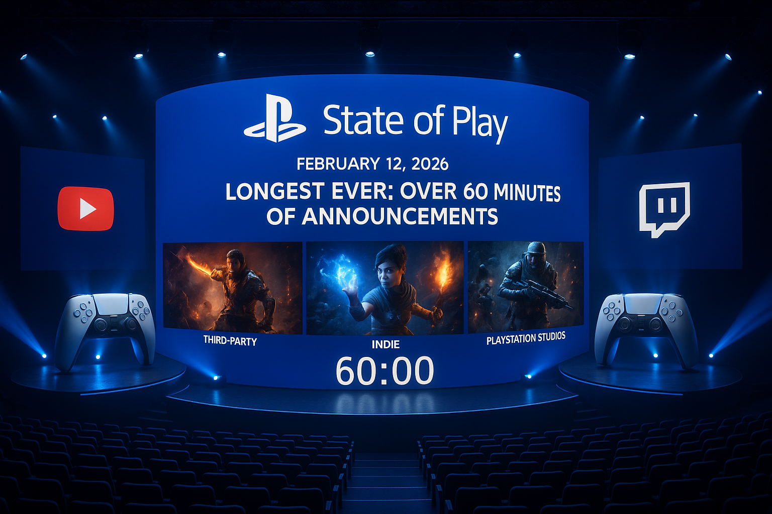 Photorealistic illustration of the PlayStation State of Play stage for the February 12, 2026 event, showcasing its record over-60-minute length and streaming platforms.