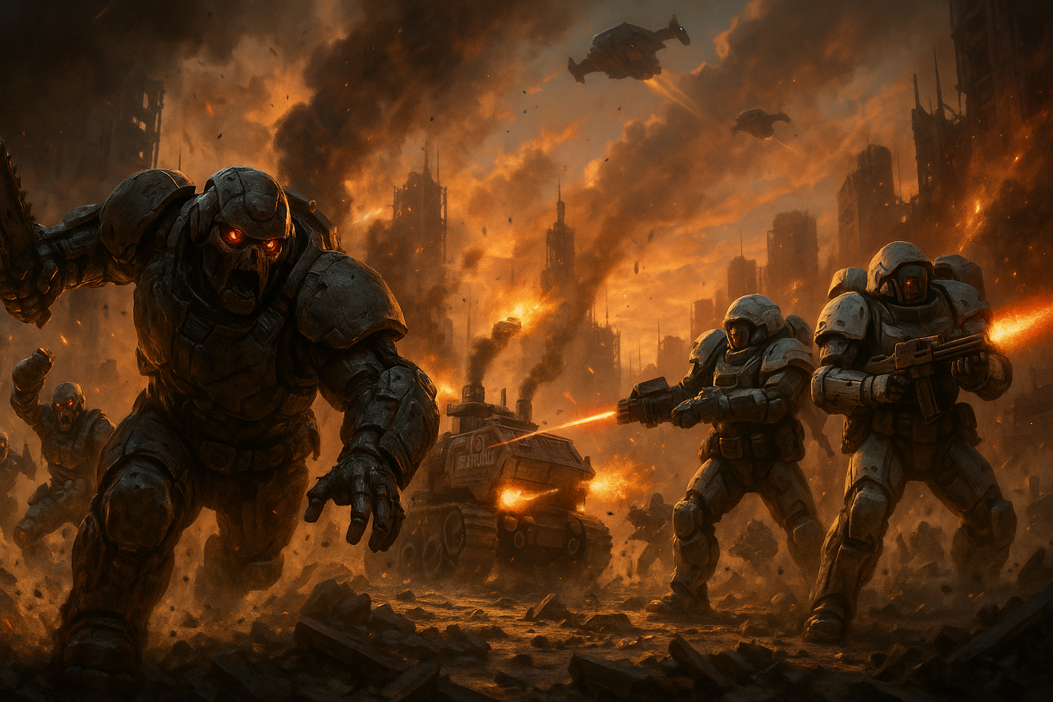 Photorealistic scene of Helldivers 2 soldiers fighting new cyborg enemies including agitators, radicals, and Vox Engine vehicle on Cyberstan for the February update news.