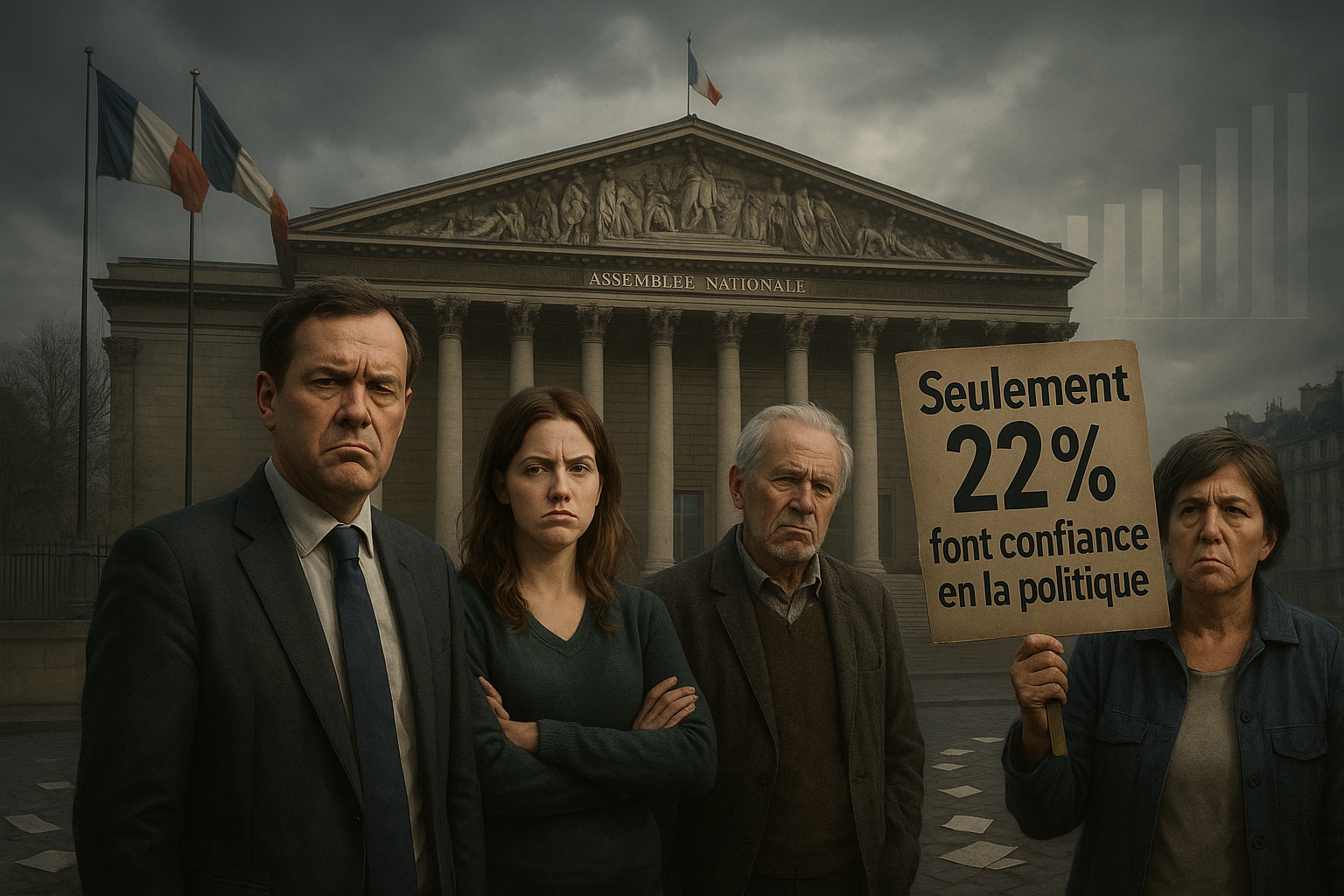 Illustration depicting disillusioned French voters outside the National Assembly, highlighting record-low 22% trust in politics ahead of 2026 elections.