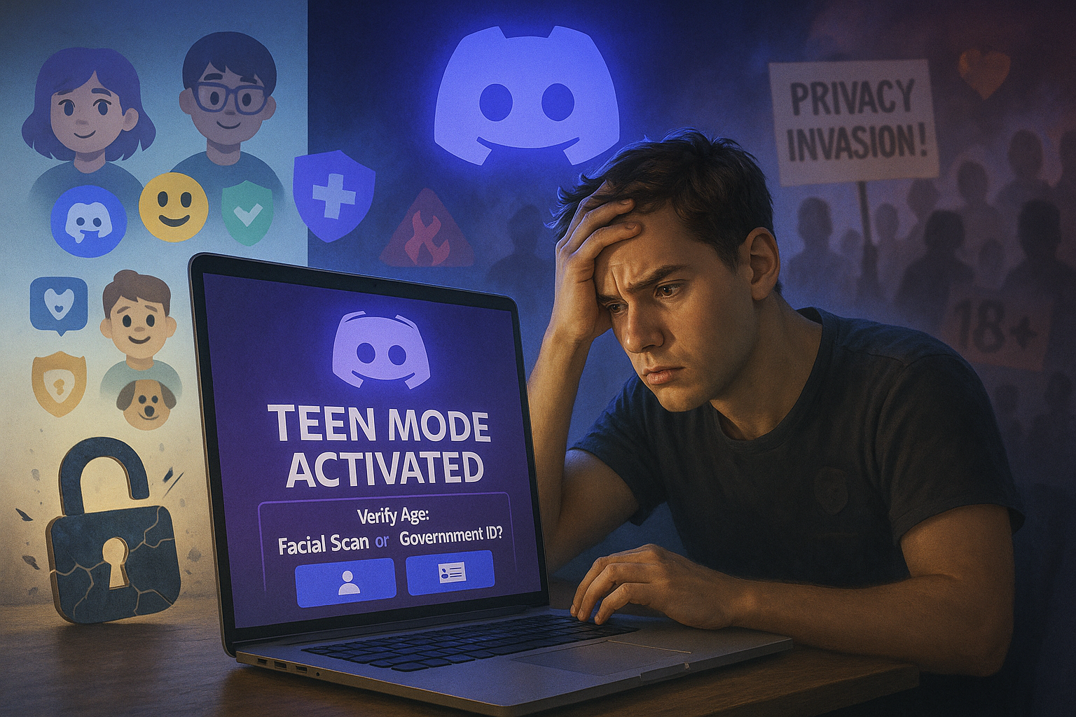 Illustration of Discord users facing mandatory teen settings and age verification prompts amid privacy backlash.