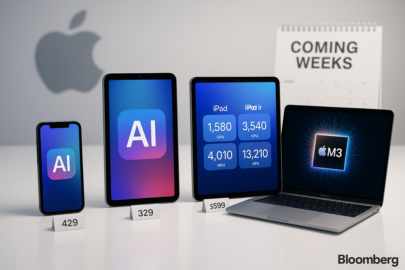 Apple's upcoming updated iPhone, iPads, and MacBook Pro with new processors and AI features, arranged in a professional product showcase.