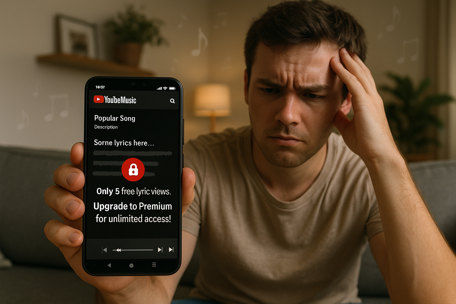 Frustrated user viewing limited lyrics on YouTube Music app, prompting Premium upgrade, realistic news illustration.