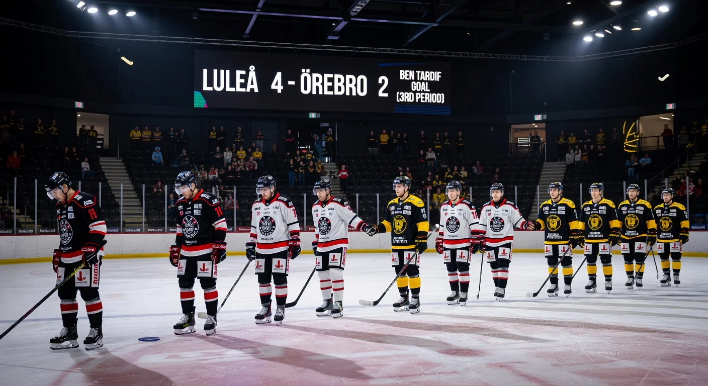 Dejected Örebro Hockey players on the ice shaking hands with Luleå after playoff-eliminating 4-2 loss in SHL.