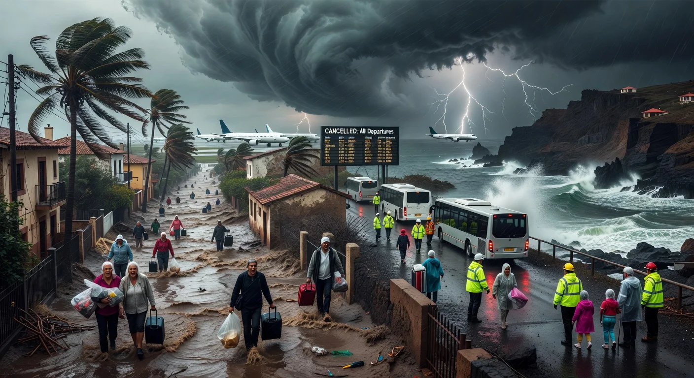Dramatic scene of Storm Therese causing flooding in Tenerife, evacuations in Gran Canaria, and airport disruptions in the Canary Islands.