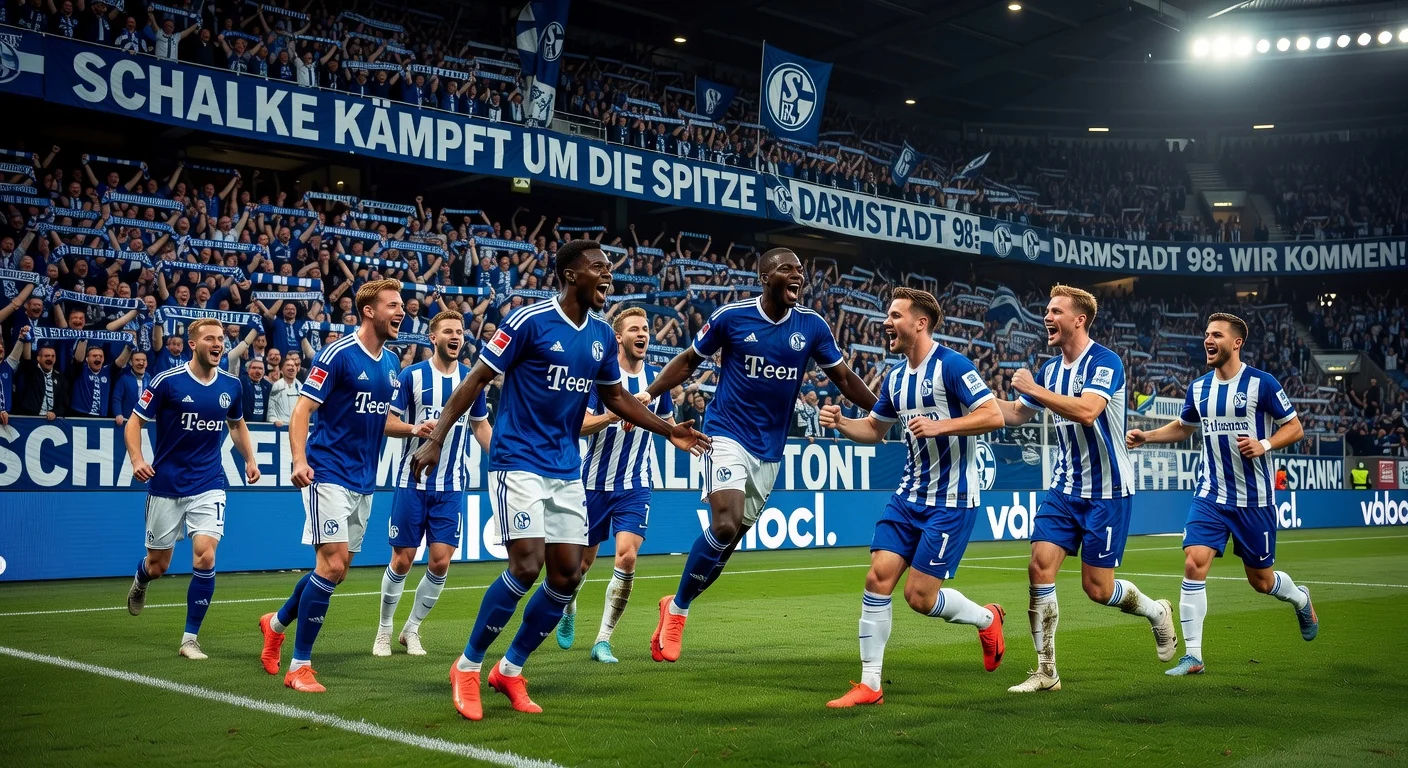 Dramatic illustration of FC Schalke 04's 1:1 draw against SV Darmstadt 98 in the 2. Bundesliga, capturing the intensity of the top match.