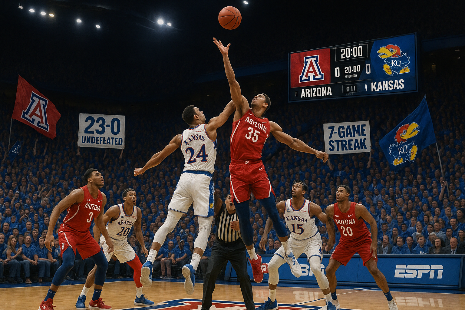 Dramatic tip-off action shot of No. 1 Arizona Wildcats vs. No. 11 Kansas Jayhawks in Big 12 basketball at Allen Fieldhouse.
