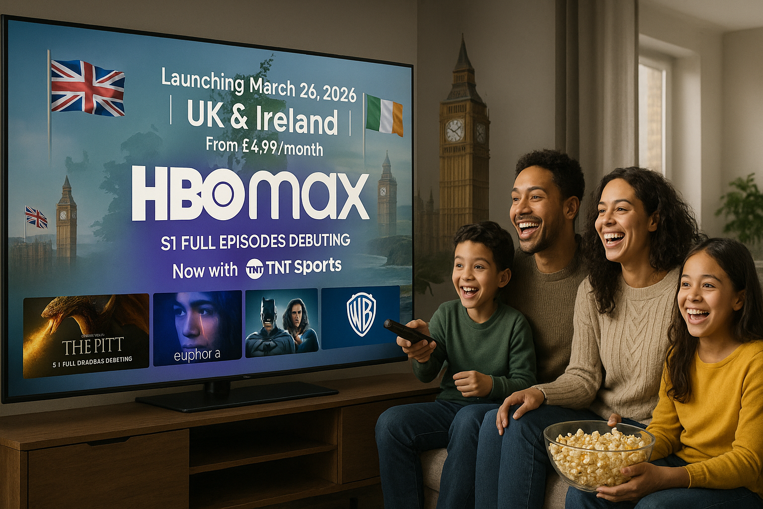 Realistic illustration of HBO Max streaming service launching on UK TV with 'The Pitt', 'Euphoria', 'House of the Dragon', DC content, TNT Sports integration, and excited viewers.