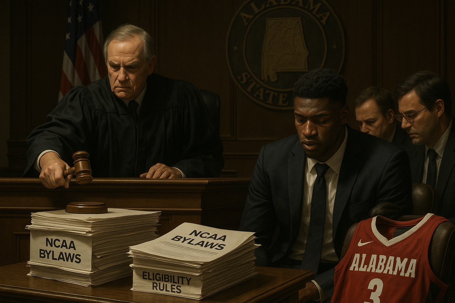 Tuscaloosa judge denies Alabama basketball player Charles Bediako's injunction against NCAA eligibility rules in courtroom scene.