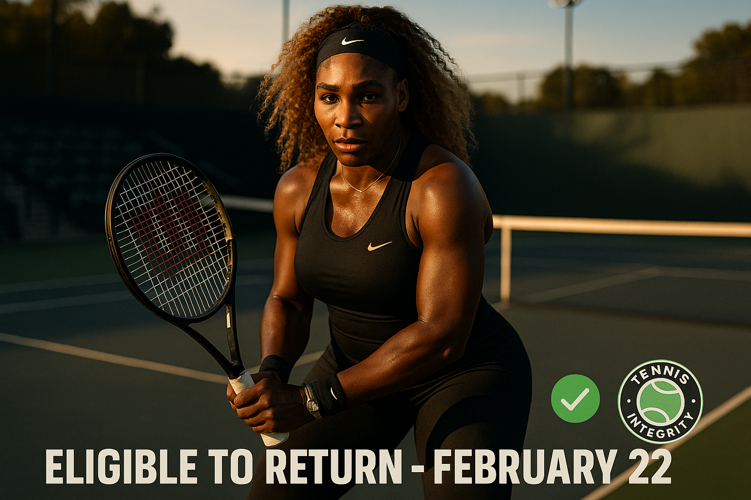 Serena Williams poised on tennis court, eligible for return on February 22.