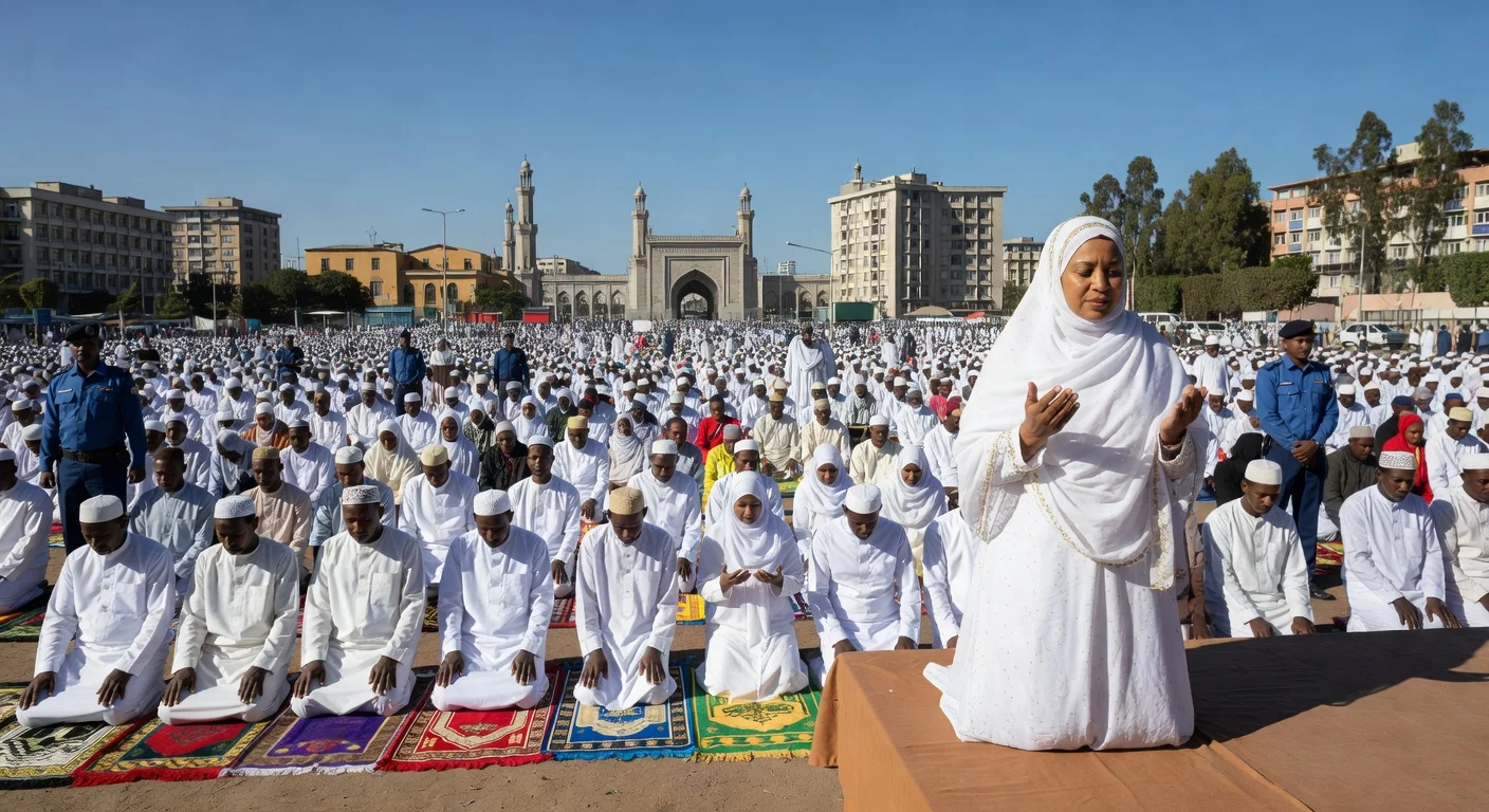 Peaceful Eid al-Fitr prayer gathering at Al Square, Addis Ababa, with city administrator Kenteba Adanech Abebe participating and police providing security.