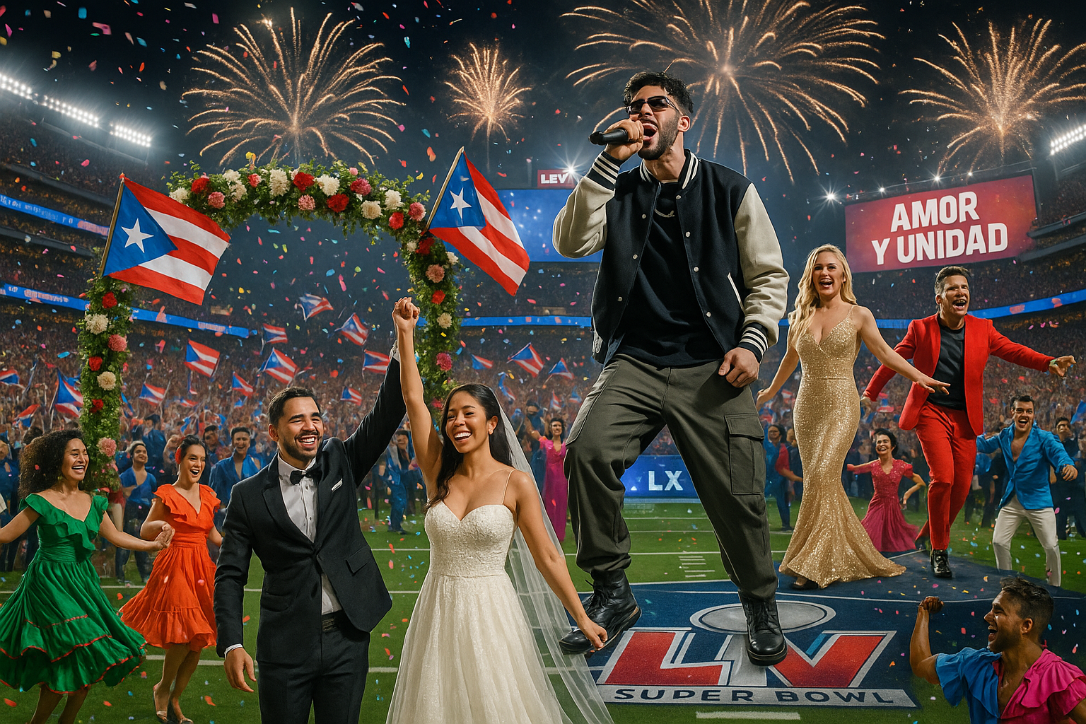 Bad Bunny performs with Lady Gaga and Ricky Martin at Super Bowl halftime show, featuring a live wedding and Latinx unity celebration.