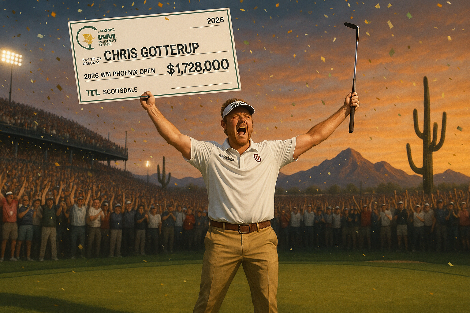 Chris Gotterup celebrates WM Phoenix Open playoff win, holding winner's check on 18th green amid cheering crowd.
