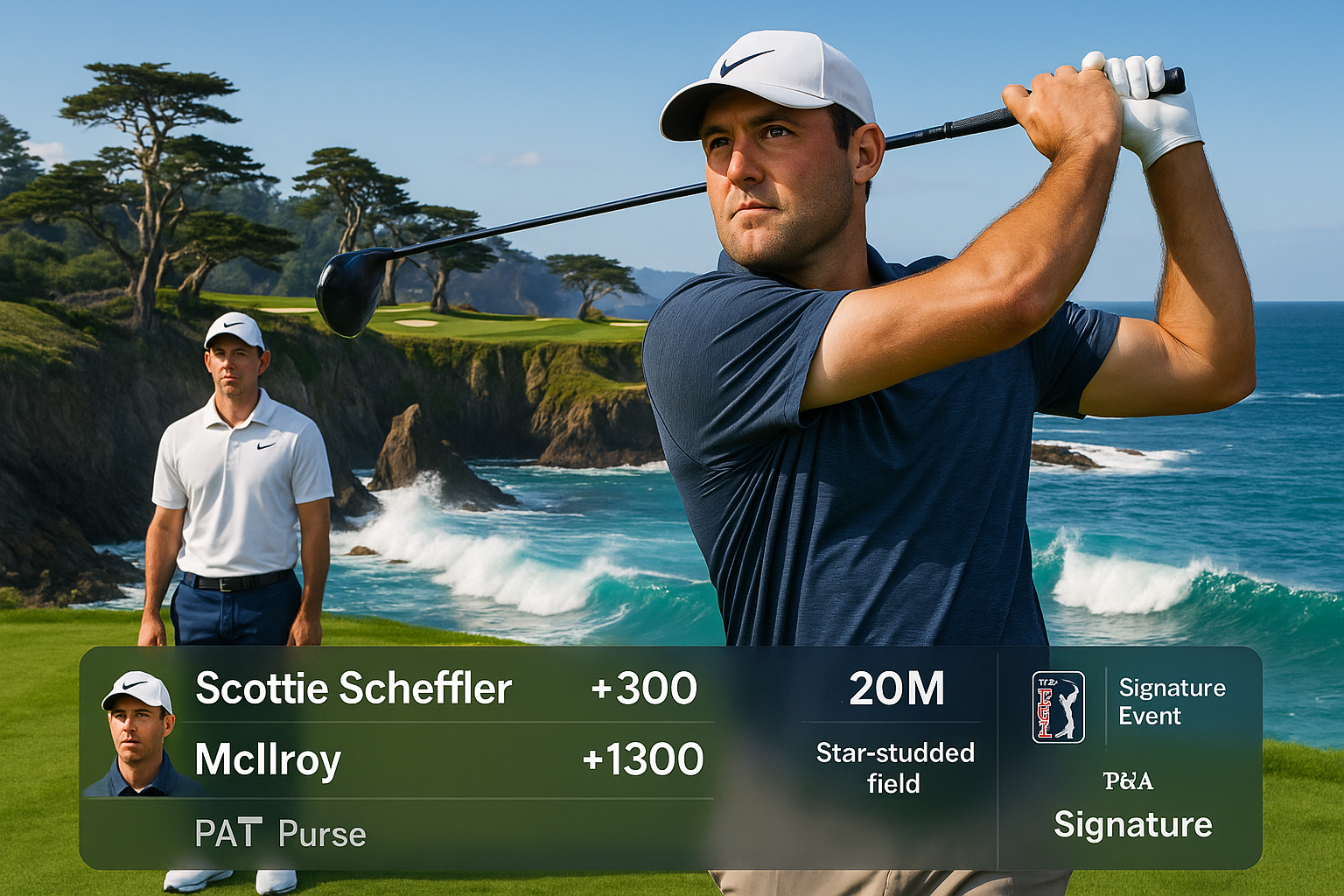 Scottie Scheffler teeing off at Pebble Beach's 7th hole, leading betting odds for 2026 AT&T Pro-Am, with Rory McIlroy and odds display.