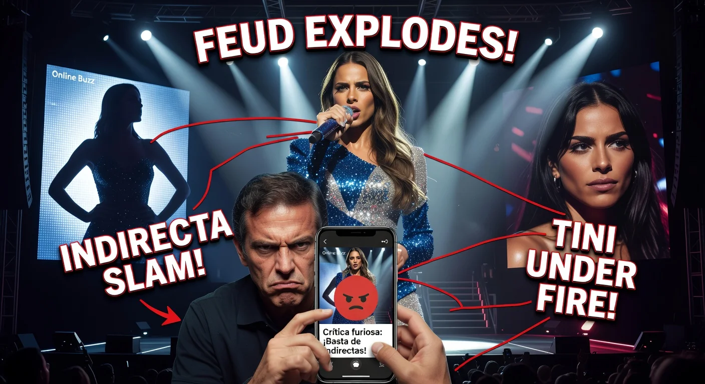 Dramatic illustration depicting Tini Stoessel's concert amid feud with Alex Caniggia criticizing her song and rivals Emilia Mernes and María Becerra.