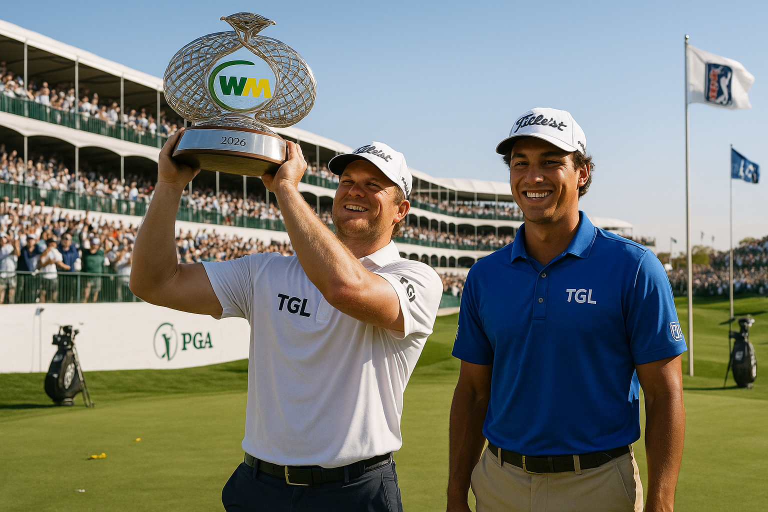Chris Gotterup celebrates Phoenix Open win with trophy alongside Michael Thorbjornsen; both credit TGL league in vivid tournament scene.