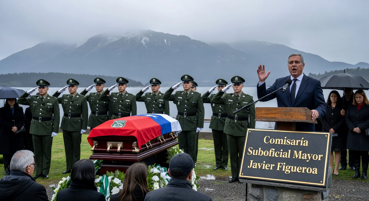 President José Antonio Kast addresses mourners at the funeral of slain Carabineros officer Javier Figueroa in Puerto Varas, where he received a posthumous promotion and a commissary named in his honor.