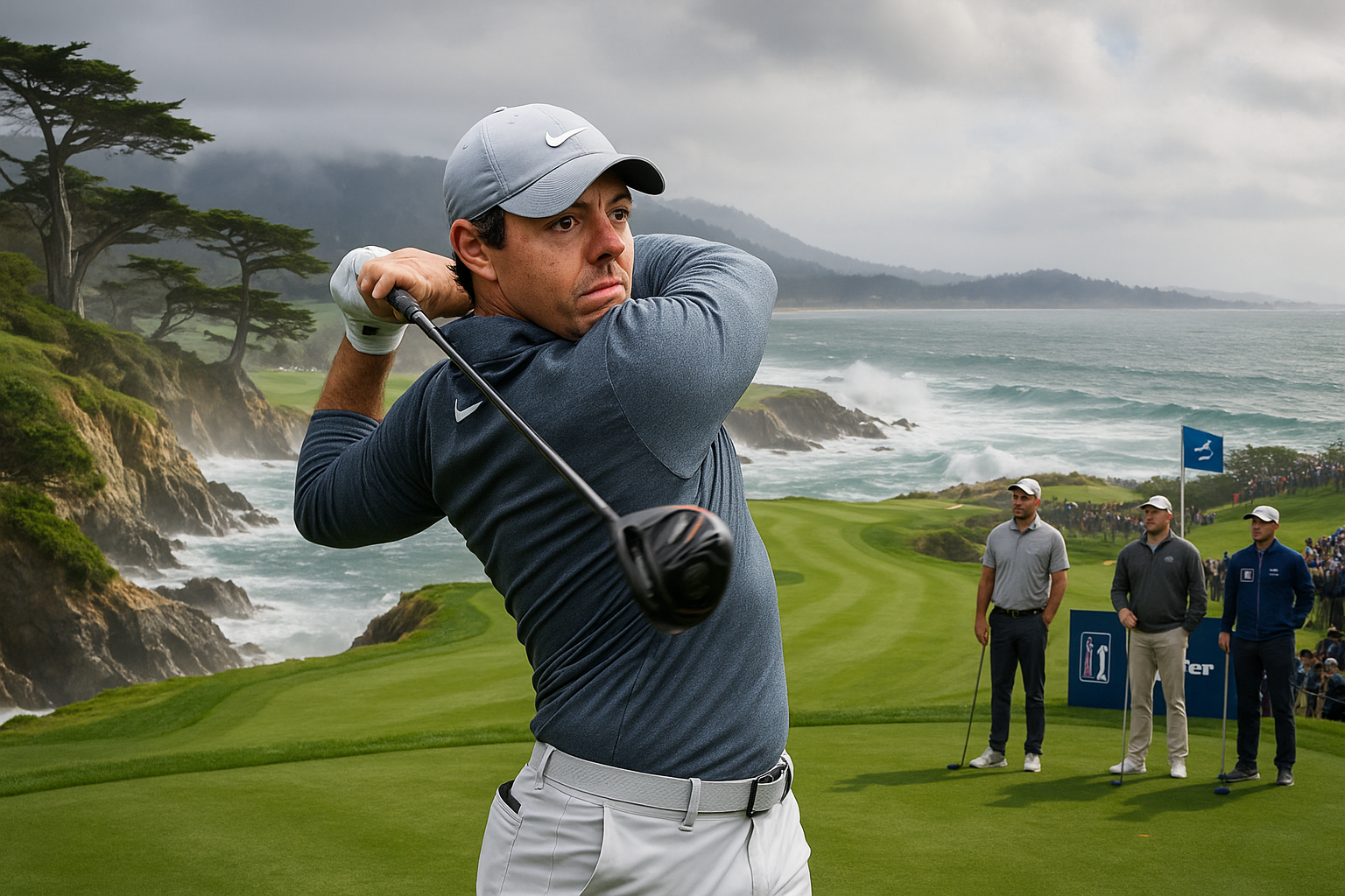 Rory McIlroy tees off at Pebble Beach Golf Links to defend his AT&T Pro-Am title, joined by Scottie Scheffler amid scenic ocean views and variable weather.
