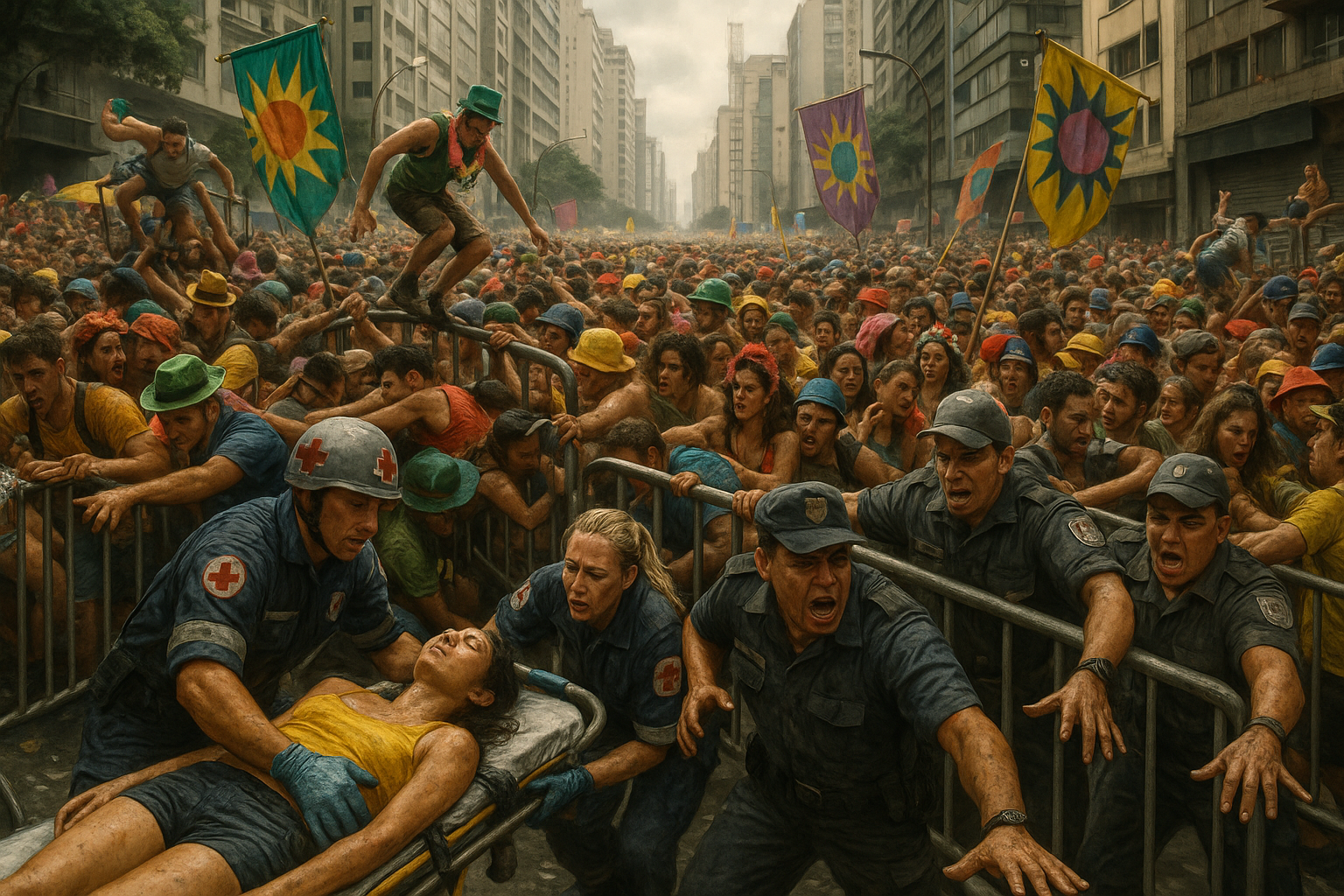 Illustration of overcrowded and chaotic pre-Carnival street party on Consolação Street in São Paulo, with crowds in tumult and medical teams attending victims.