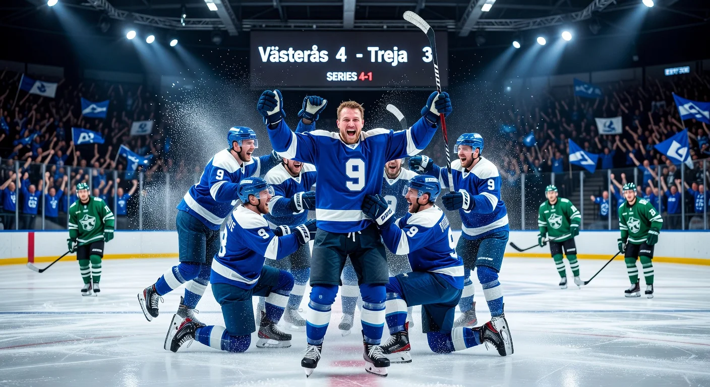 Västerås IK captain Konstantin Komarek and teammates celebrate their thrilling 4-3 win over Treja-Ljungby, securing Hockeyallsvenskan survival.