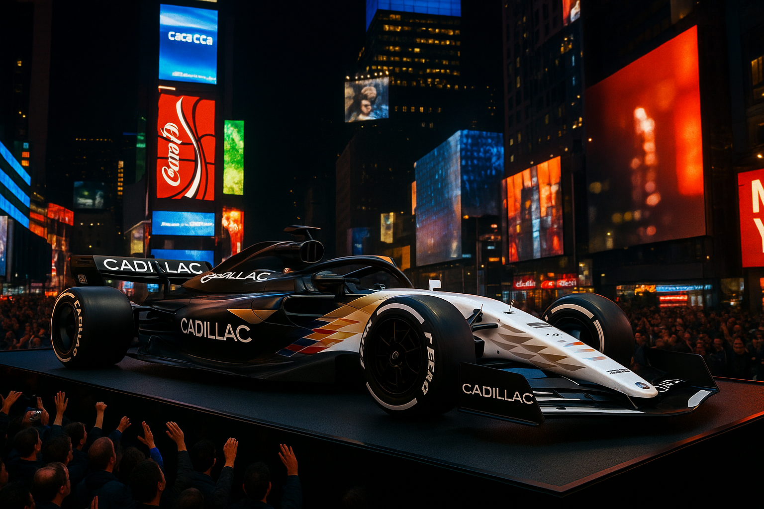 Cadillac's 2026 F1 car featuring split black-and-white livery with chevron gradients, unveiled in Times Square.