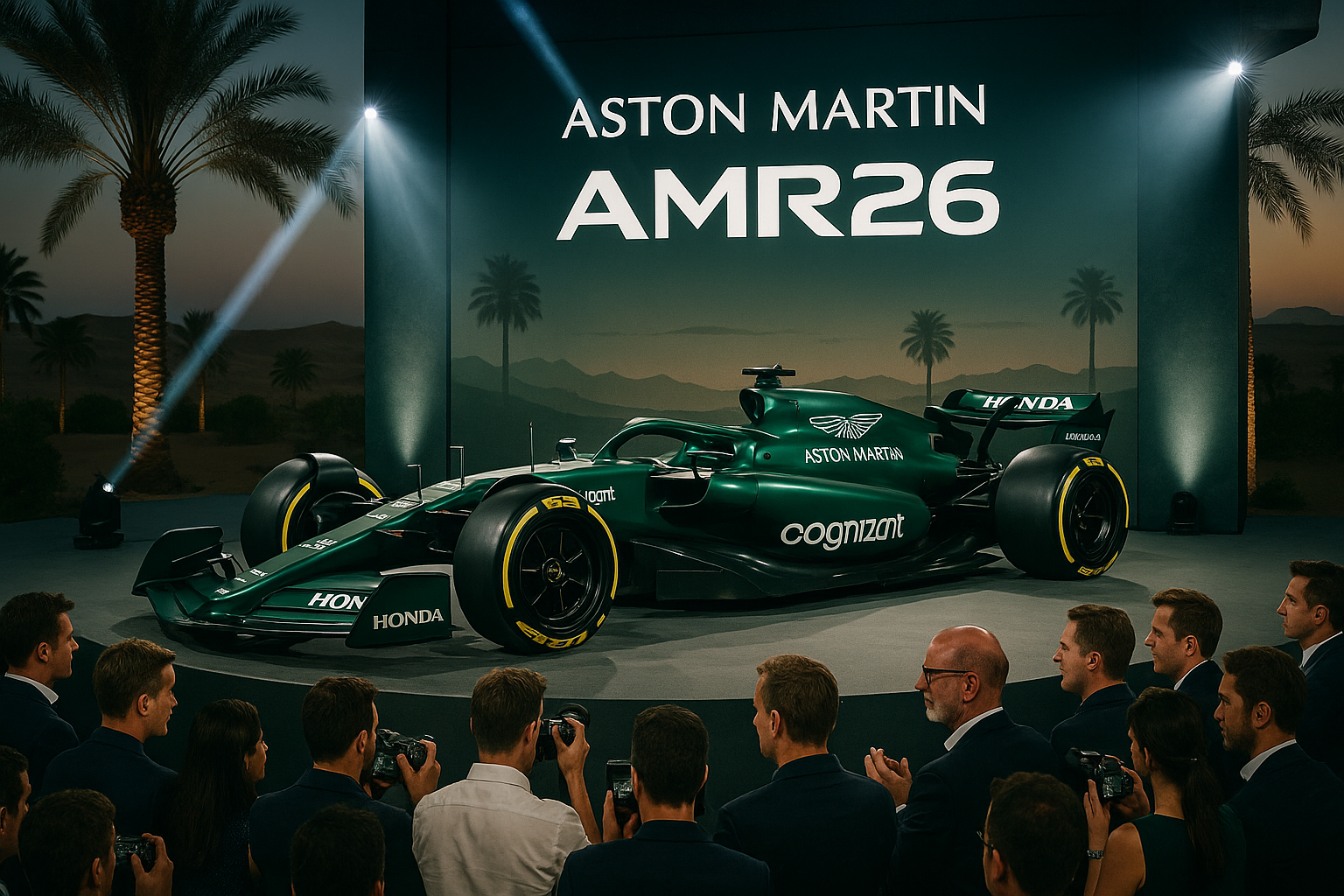 Aston Martin AMR26 F1 car with matte British Racing Green livery unveiled at Saudi Arabia launch event.