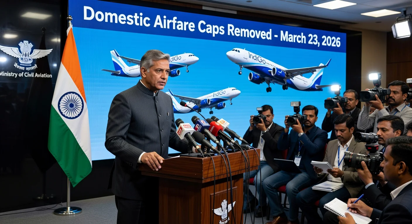 Indian aviation minister announces removal of domestic airfare caps at press conference, screen shows airplanes and date March 23, 2026.