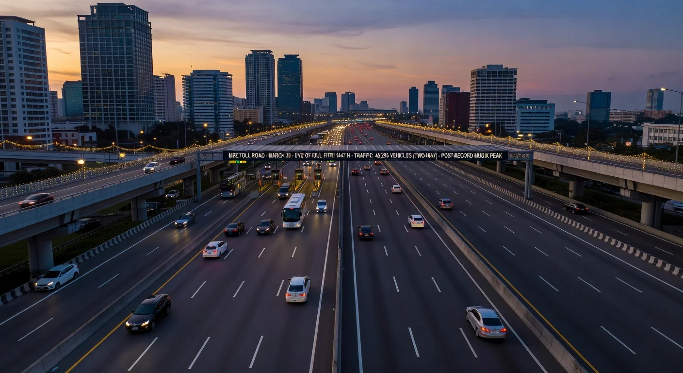 Sparse traffic on MBZ toll road eve of Idul Fitri after mudik peak, aerial view of elevated highway.