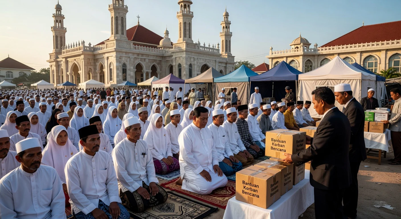 President Prabowo joins Eid al-Fitr prayer with Aceh disaster survivors at Masjid Darussalam, distributing aid and inspecting flood recovery.