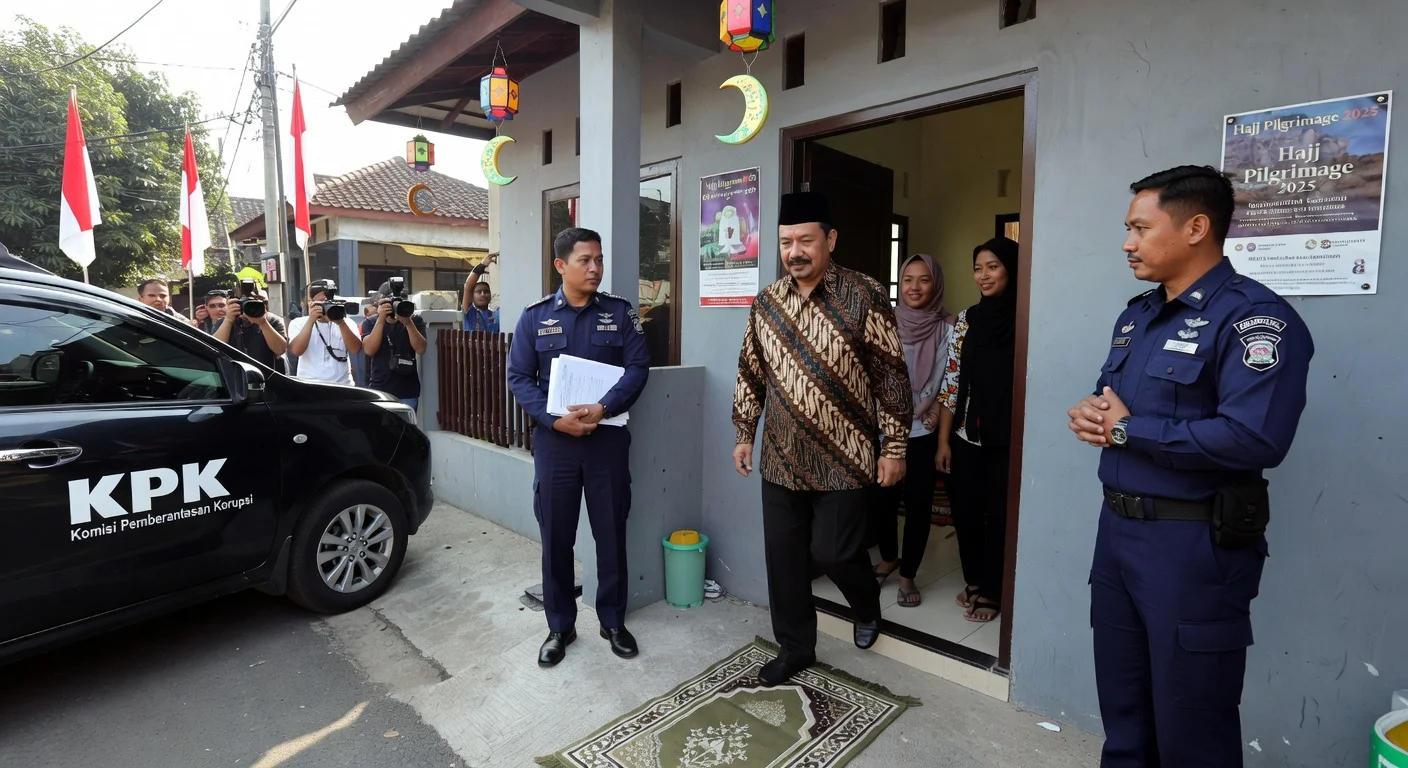 Former Minister Yaqut Cholil Qoumas arrives home under KPK house arrest in hajj quota corruption case, greeted by family with officers nearby.