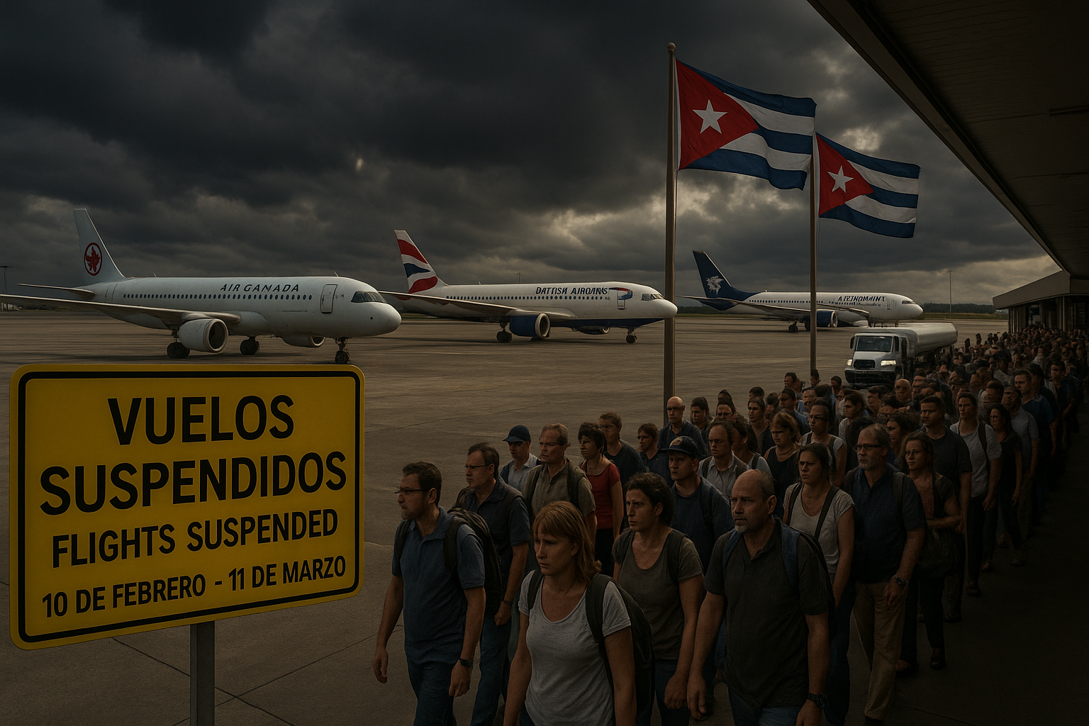 Illustration of grounded planes and frustrated travelers at a Cuban airport amid fuel shortage crisis.