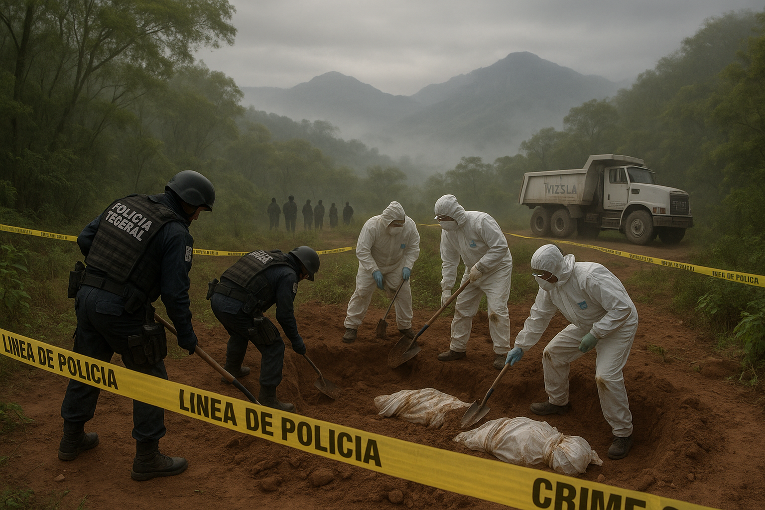 Authorities excavate a clandestine grave in El Verde, Sinaloa, where bodies of kidnapped Vizsla Silver miners were found.