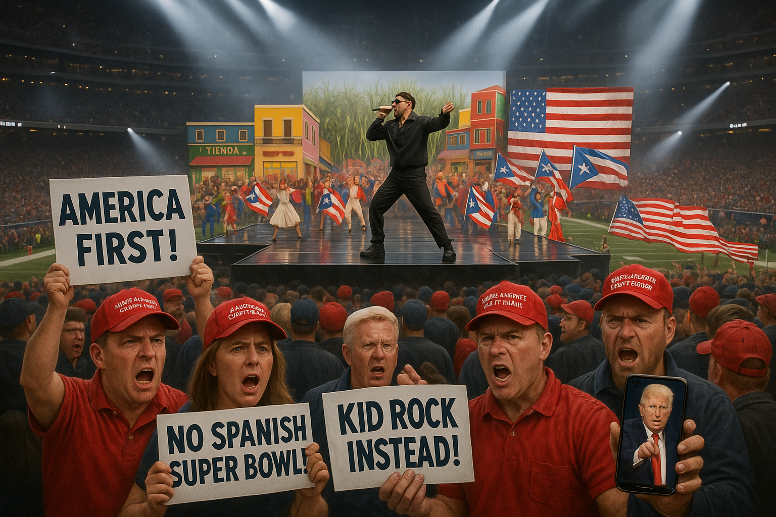 Illustration depicting Bad Bunny's Puerto Rican-themed Super Bowl halftime show on stage with U.S. flag, contrasted by foreground MAGA protesters criticizing lack of American representation.