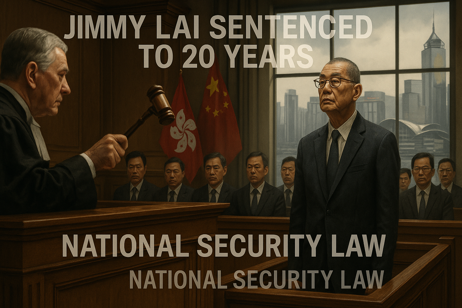 Illustration of pro-democracy publisher Jimmy Lai sentenced to 20 years in a Hong Kong courtroom under national security law.