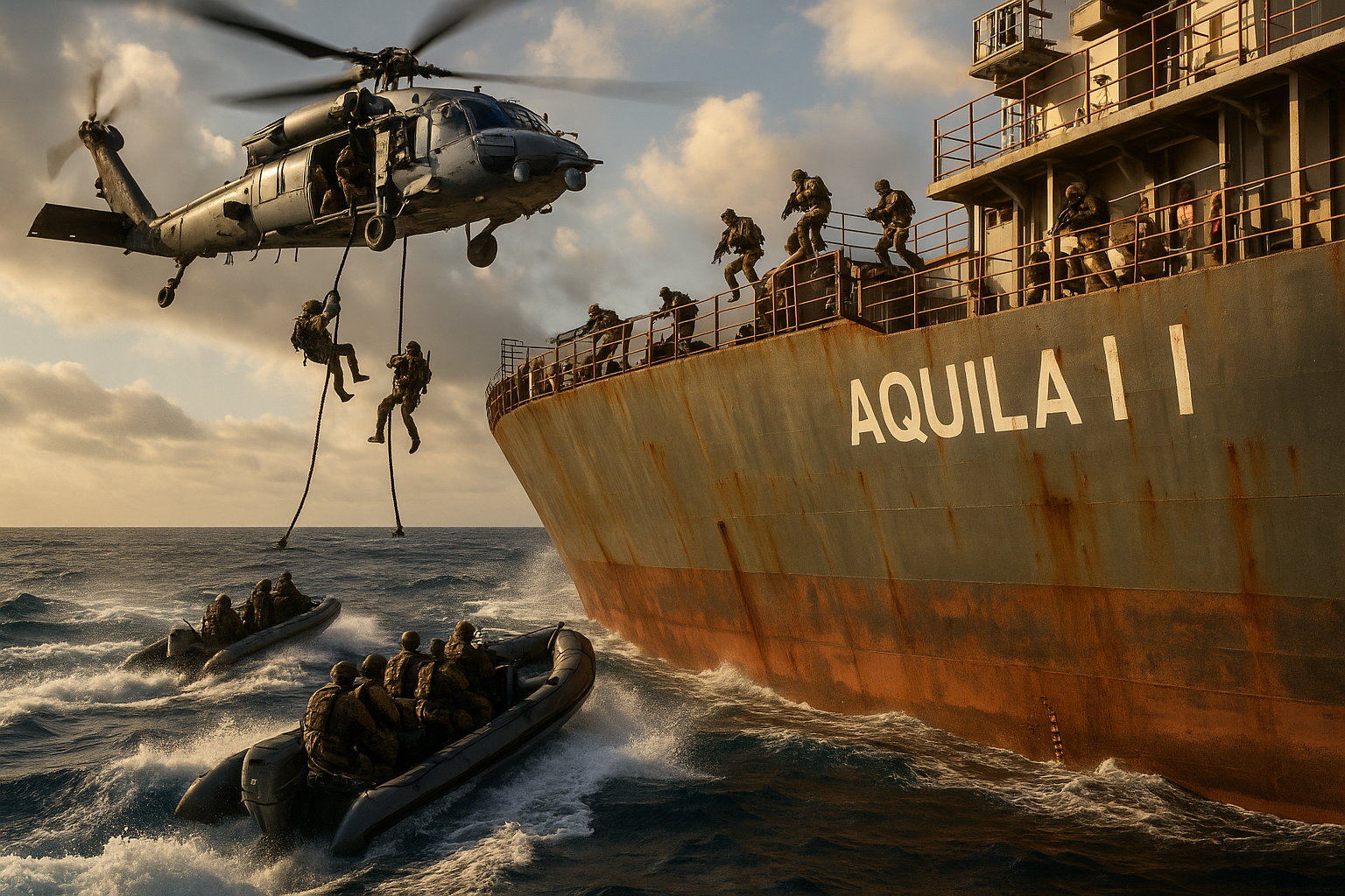 U.S. military boarding sanctioned tanker Aquila II in Indian Ocean during Venezuela sanctions enforcement.