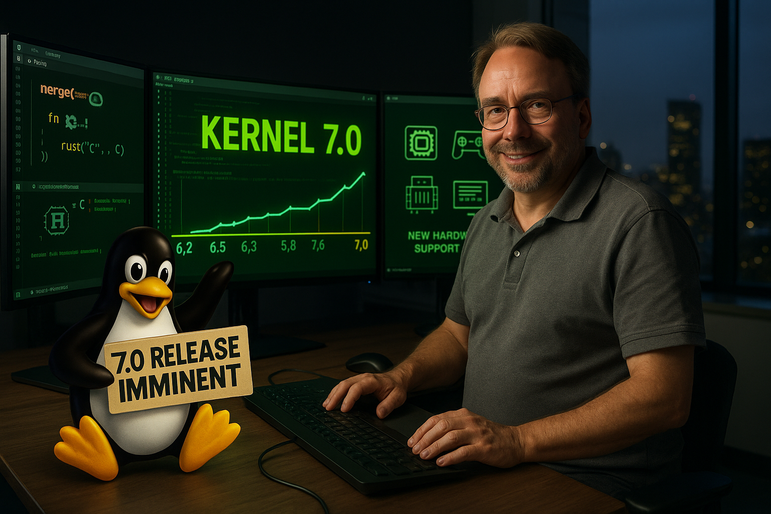 Linus Torvalds in a tech office, monitors displaying Linux kernel 7.0 announcement with code, Tux penguin, and hardware icons.