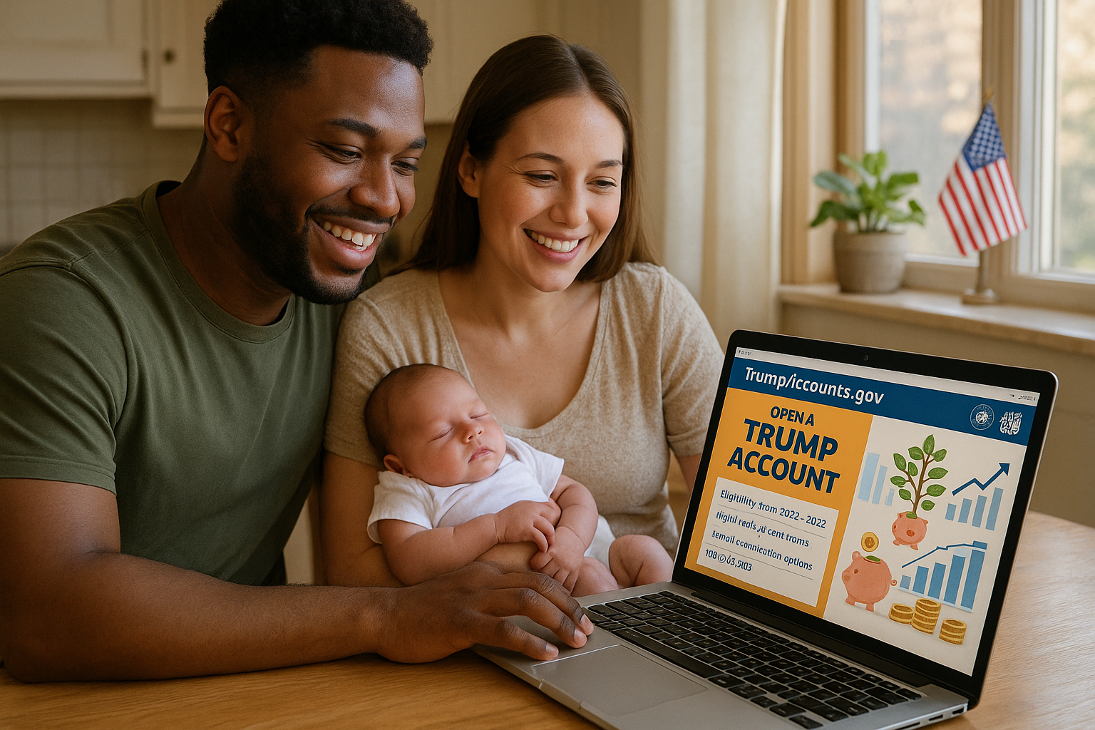 Family at home using laptop to open a new Trump Account for their baby on TrumpAccounts.gov, with Treasury and IRS launch announcement on screen.