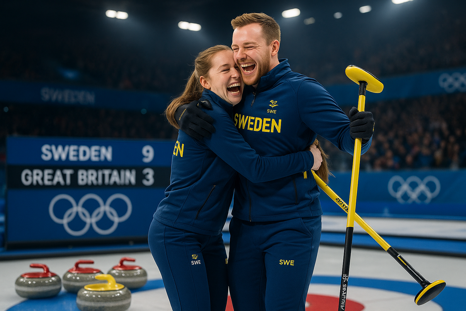 Swedish curling siblings Isabella and Rasmus Wranå celebrate reaching the Olympic mixed doubles final after defeating Great Britain.