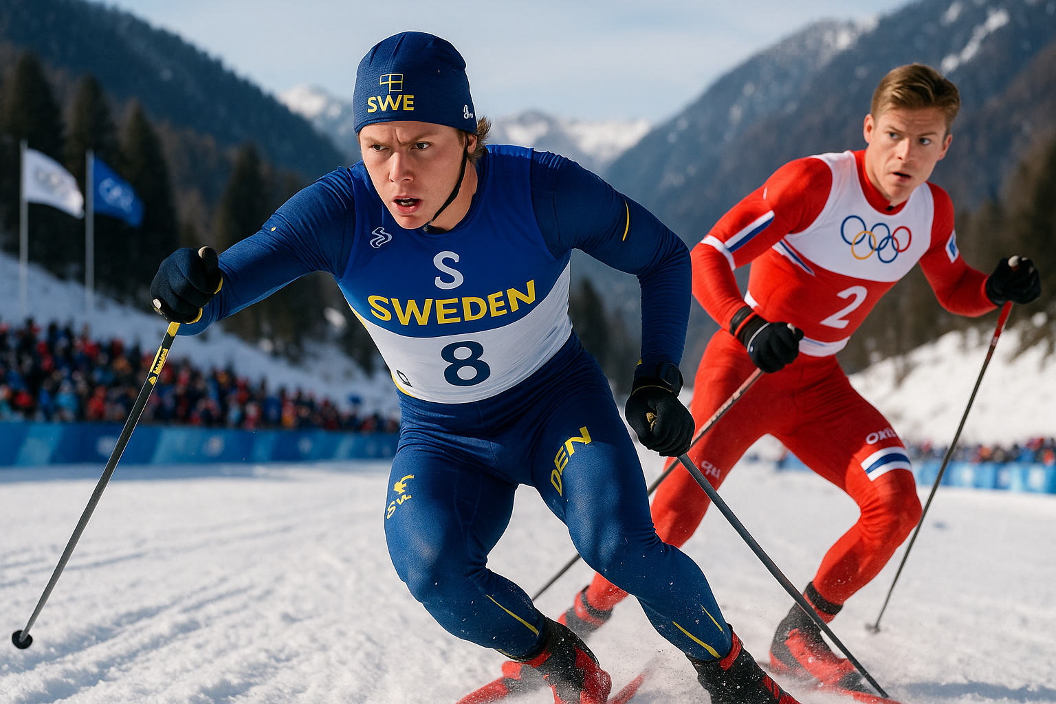 Alvar Myhlback powerfully poling in Olympic sprint, challenging Klæbo on snowy Val di Fiemme course.