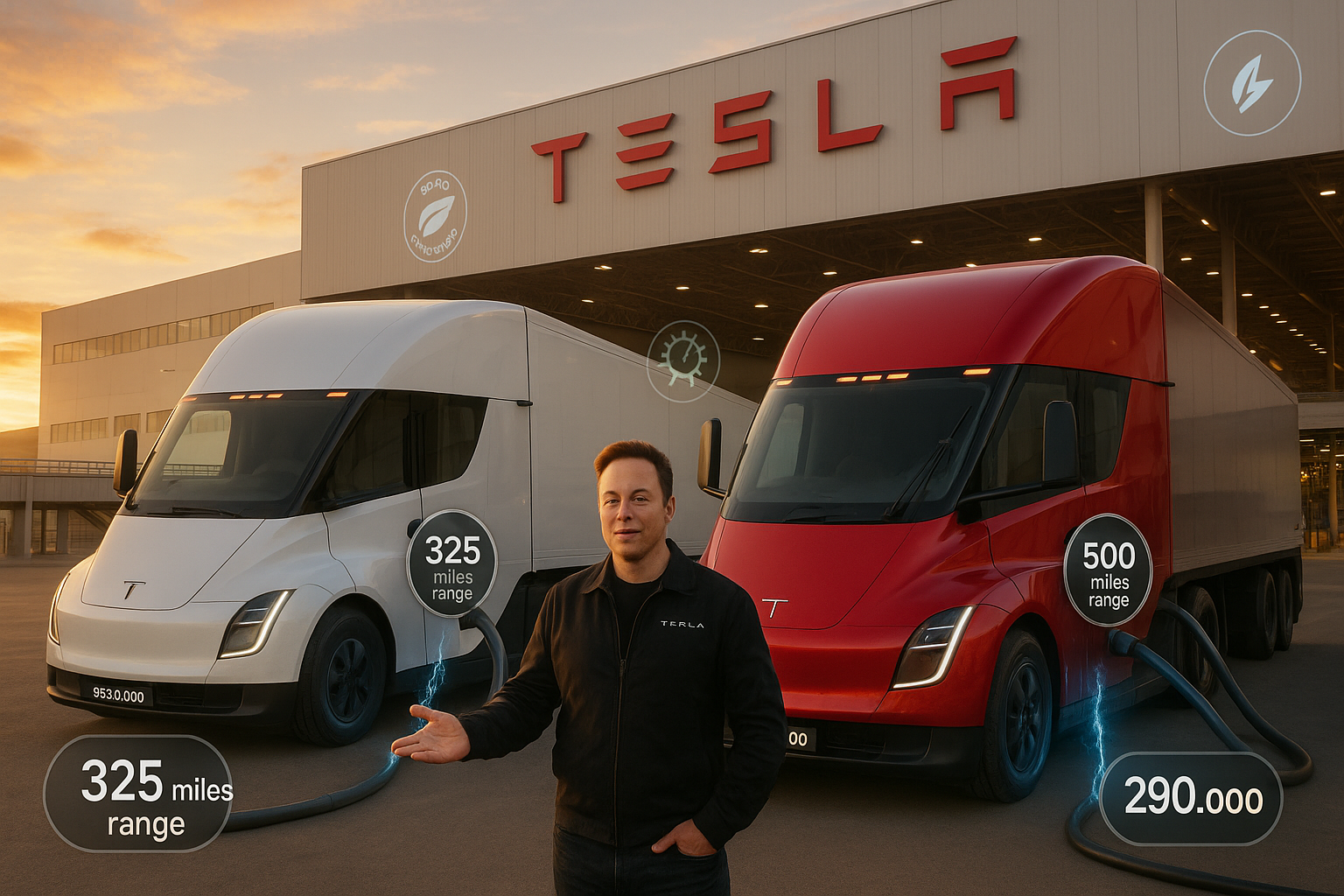 Tesla Semi Standard (325 miles, $250K) and Long Range (500 miles, $290K) trucks unveiled with specs, parked at Nevada Gigafactory ahead of 2026 production.