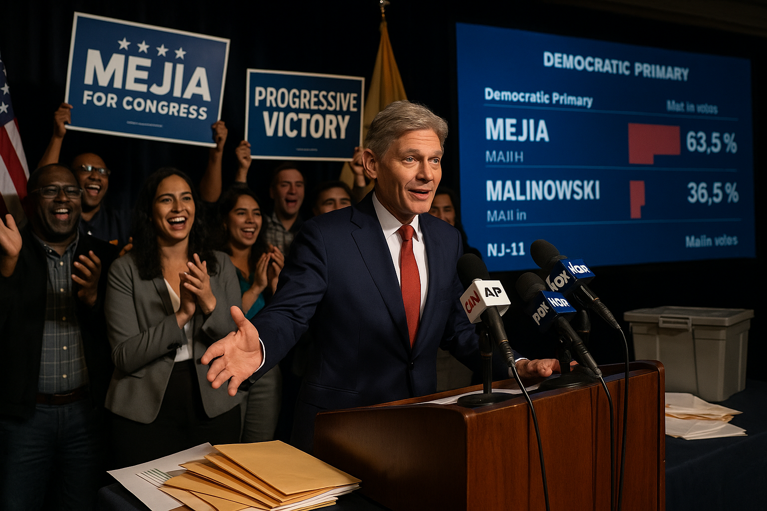 Tom Malinowski at podium conceding NJ-11 Democratic primary to Analilia Mejia, with cheering supporters and election results screen.