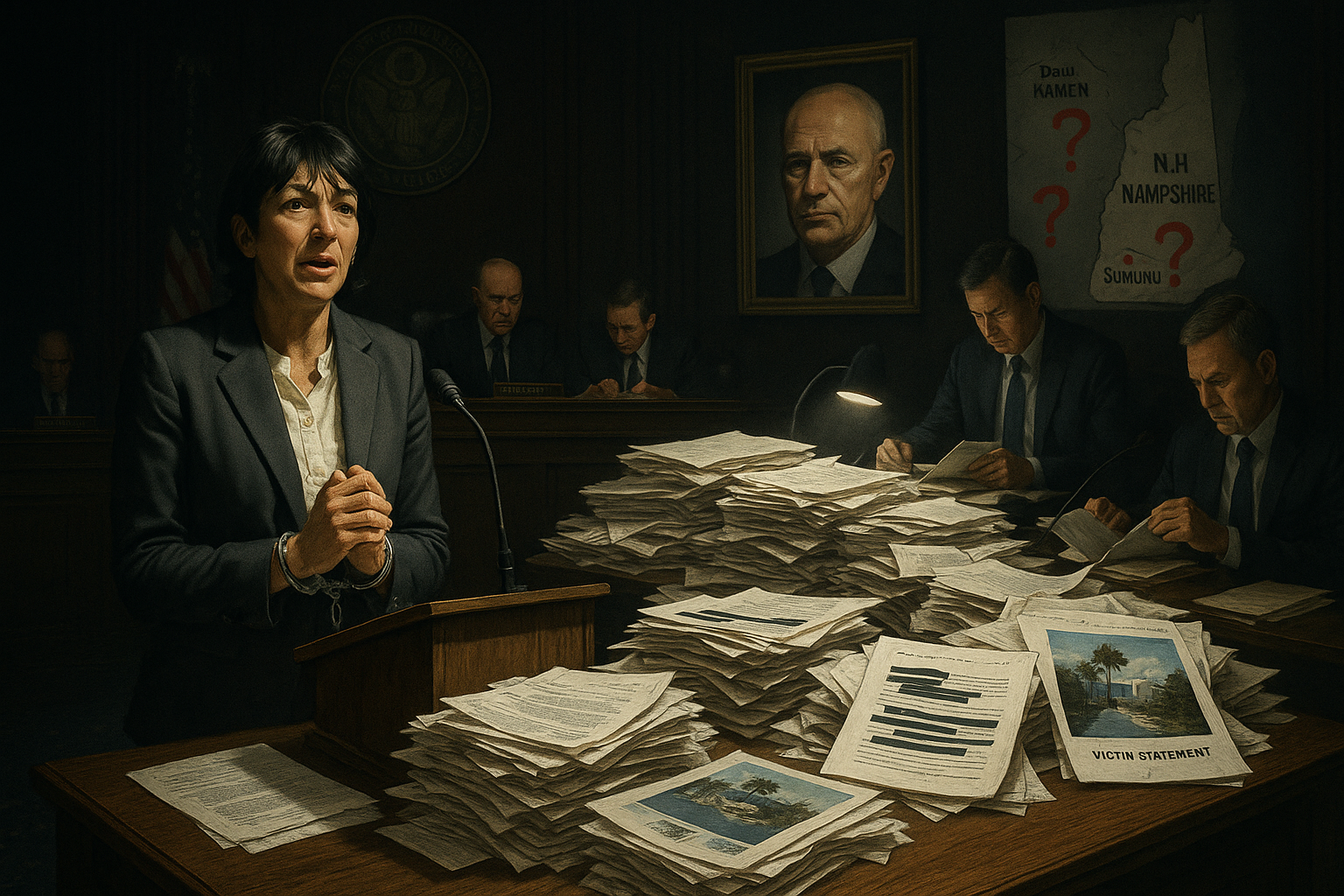Dramatic illustration of Epstein files scrutiny on politicians, showing documents, Ghislaine Maxwell in deposition, Howard Lutnick, lawmakers reviewing papers, and New Hampshire political ties.