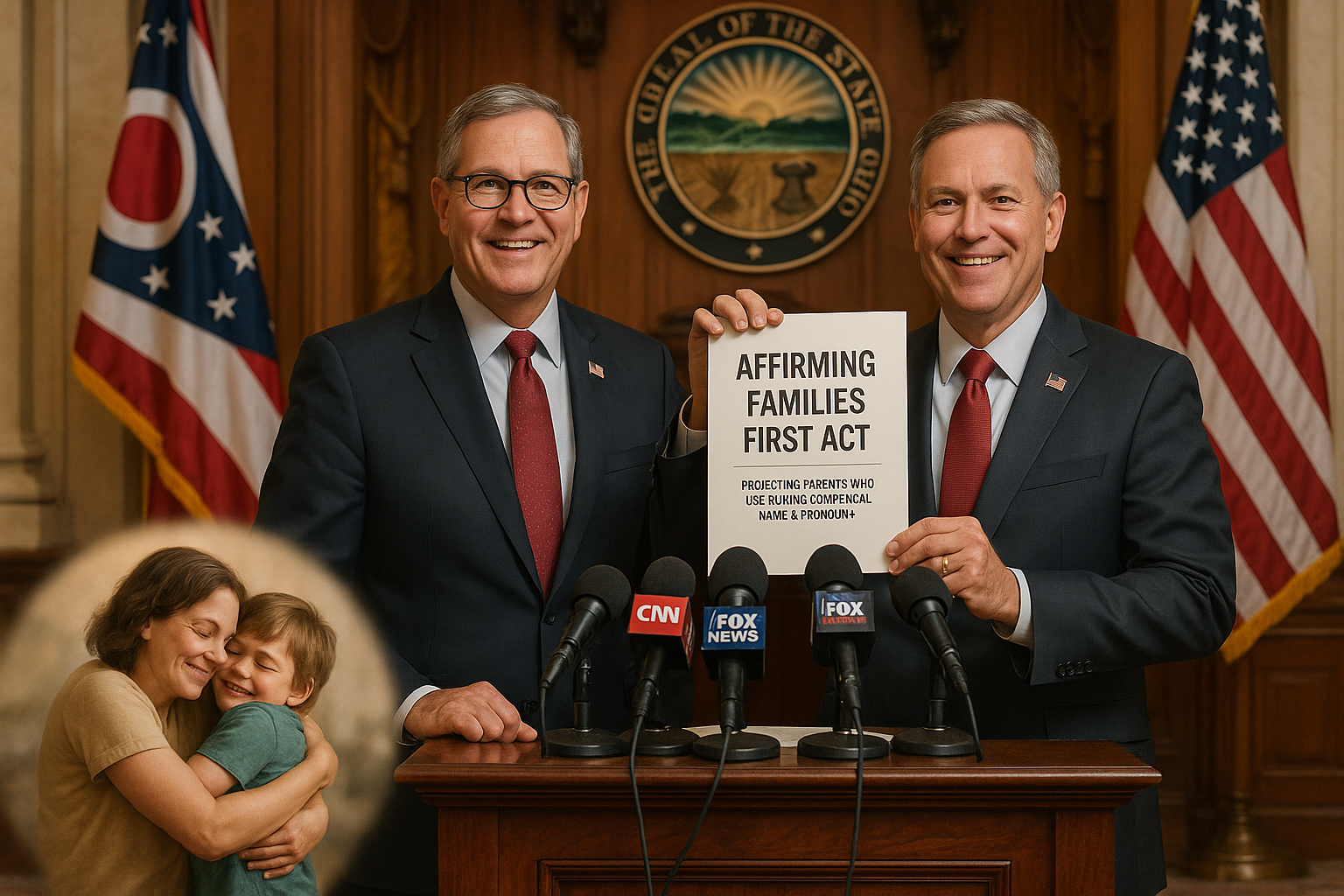 Ohio Republican lawmakers at Statehouse podium introducing 'Affirming Families First Act' to protect parents affirming children's biological sex, with family embrace inset.